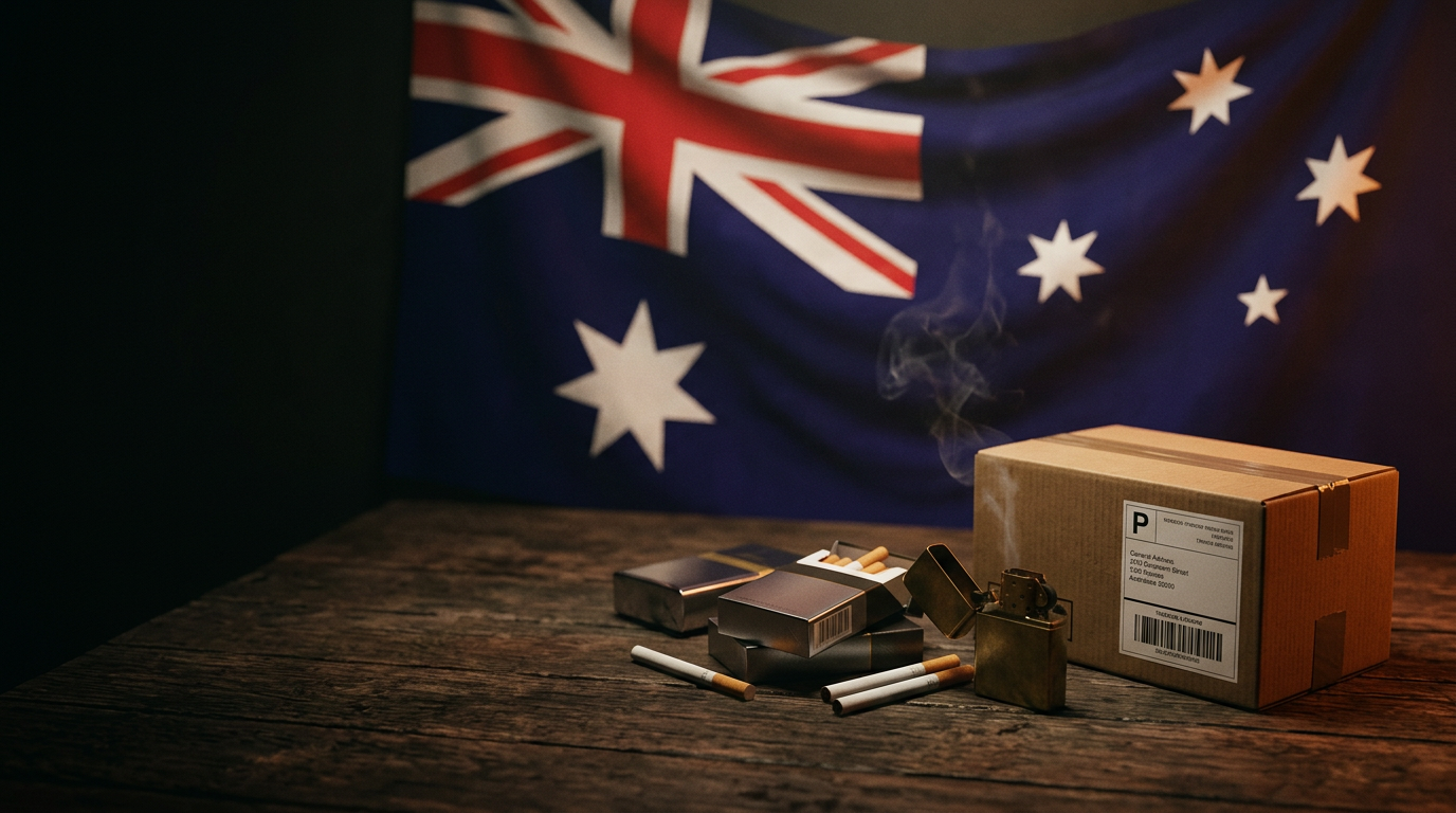 Australian flag draped behind cigarette packs, a brass lighter and a tracked shipping parcel